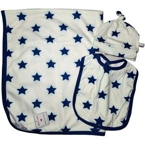 Little Millie 3pc Baby Newborn 3 Mo Cream & Cobalt Star Blanket Hat Bib Set Blue